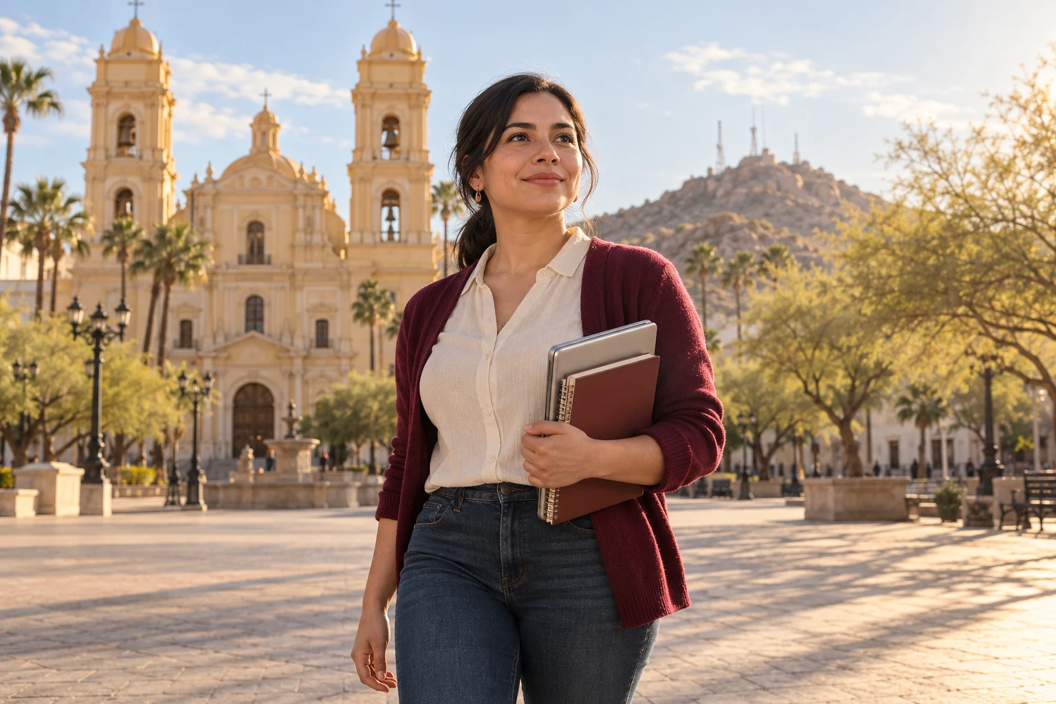 Estudiante adulta con cuadernos y computadora en una escena inspirada en Hermosillo, Sonora