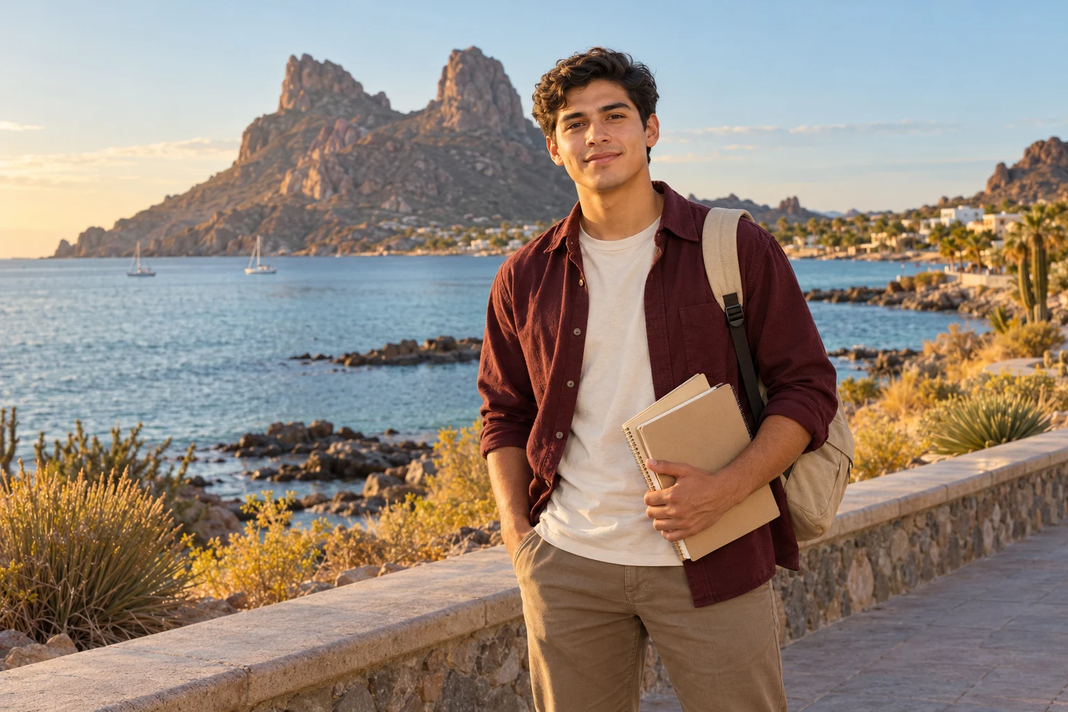 Joven con mochila y cuadernos frente al mar y el cerro Tetakawi de San Carlos, Sonora