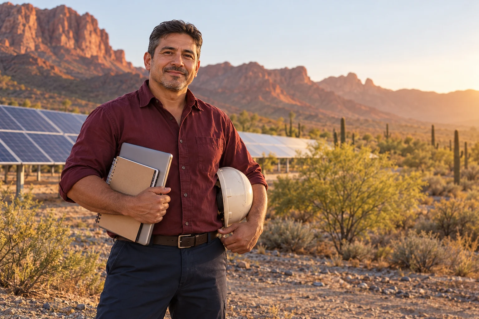 Trabajador que retoma sus estudios, en una escena del desierto sonorense con energía solar